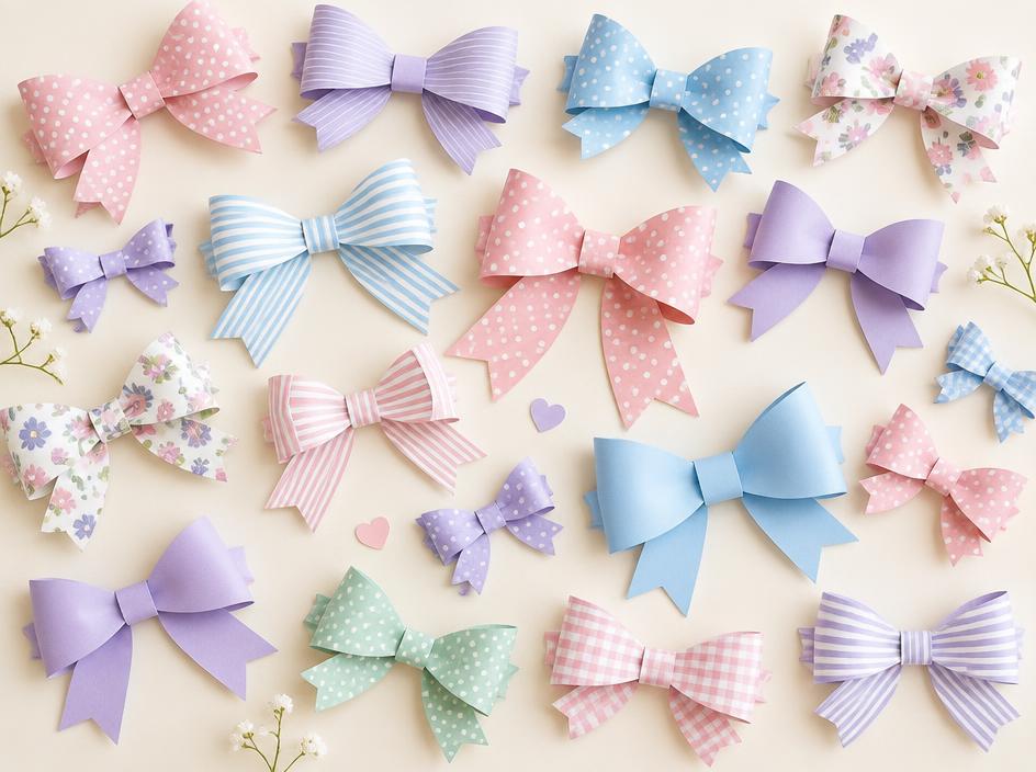 Paper bows in many colors and patterns made from the same tutorial