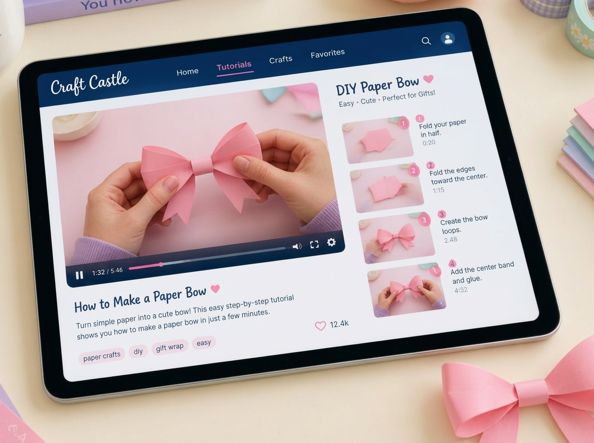 An iPad playing the step-by-step Paper Bow tutorial